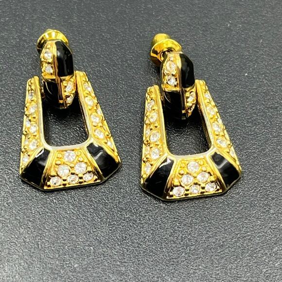 SWAROVSKI SAL Genuine Crystal Black Enamel Pierced Dangle Earrings DoorKnocker - Picture 1 of 8